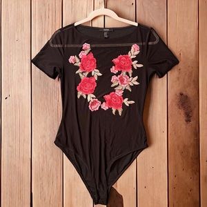 Forever 21 embroidered floral mesh bodysuit // Size Medium